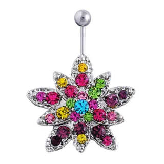 Rhinestone Çiçek 316L Cerrahi Çelik Göbek Piercing