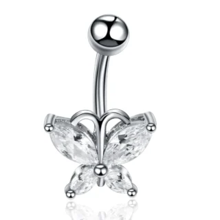 Kelebek Zirkon Taşlı 14G 316L Cerrahi Çelik Göbek Piercing Gümüş Gri