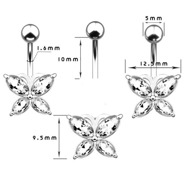 Kelebek Zirkon Taşlı 14G 316L Cerrahi Çelik Göbek Piercing Gümüş Gri - Görsel 2