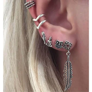 Antik Gümüş 6 Parça Buda ve Baykuş Ear Cuff Manşet Küpe - E0264