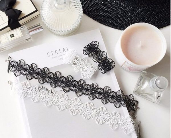 Retro Çiçek Dantel Choker ve Bileklik Tasma Kolye Siyah - Görsel 4