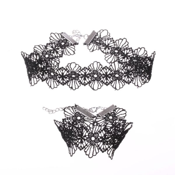 Retro Çiçek Dantel Choker ve Bileklik Tasma Kolye Siyah - Görsel 6
