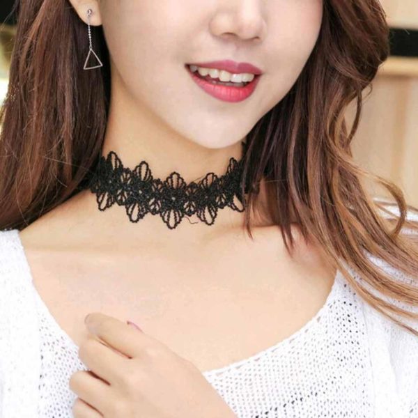 Retro Çiçek Dantel Choker ve Bileklik Tasma Kolye Siyah
