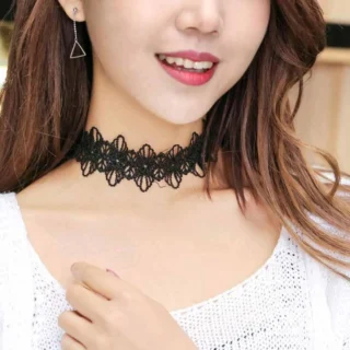 Retro Çiçek Dantel Choker ve Bileklik Tasma Kolye Siyah