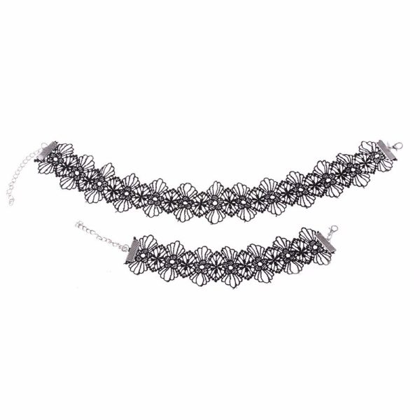Retro Çiçek Dantel Choker ve Bileklik Tasma Kolye Siyah - Görsel 8