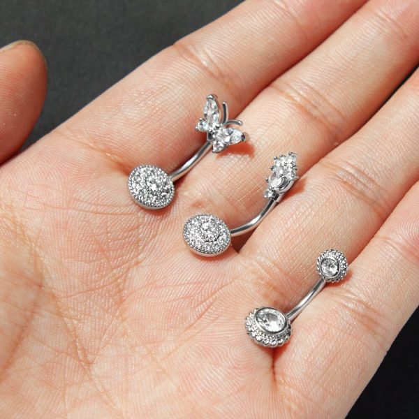 Kelebek Zirkon Taşlı Yuvarlak Paslanmaz Çelik Göbek Piercing - Görsel 3