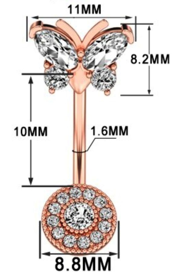 Kelebek Zirkon Taşlı Yuvarlak Paslanmaz Çelik Göbek Piercing - Görsel 2