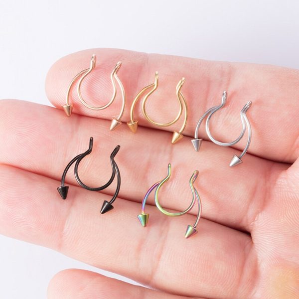6 Renkli Set 316L Paslanmaz Çelik 20G Septum Labret Sahte Lip Boynuzlu Fake Piercing - Görsel 5