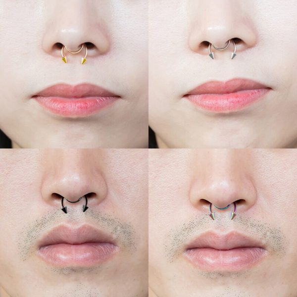 6 Renkli Set 316L Paslanmaz Çelik 20G Septum Labret Sahte Lip Boynuzlu Fake Piercing - Görsel 2