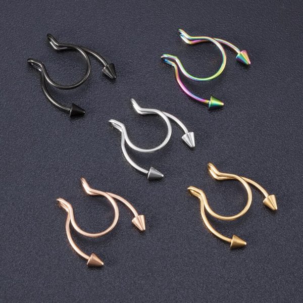 6 Renkli Set 316L Paslanmaz Çelik 20G Septum Labret Sahte Lip Boynuzlu Fake Piercing - Görsel 3