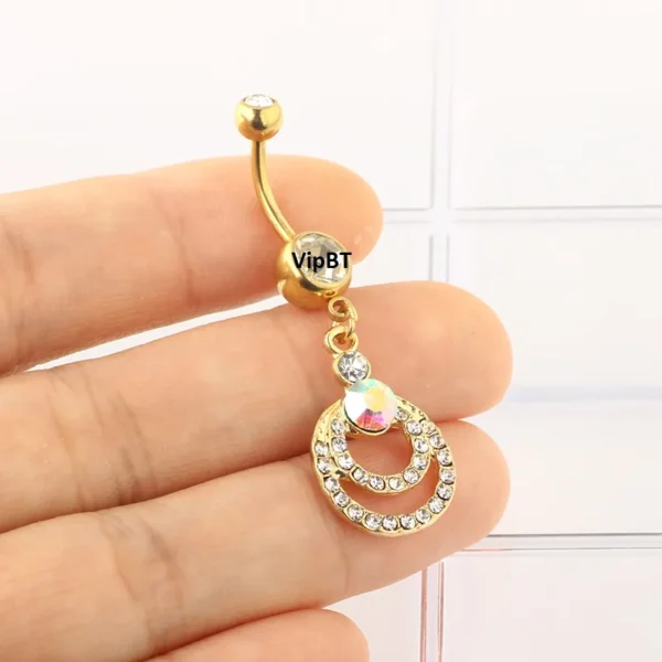 Çift Halka Taşlı Sarkıtlı Çelik Göbek Piercing - Görsel 3