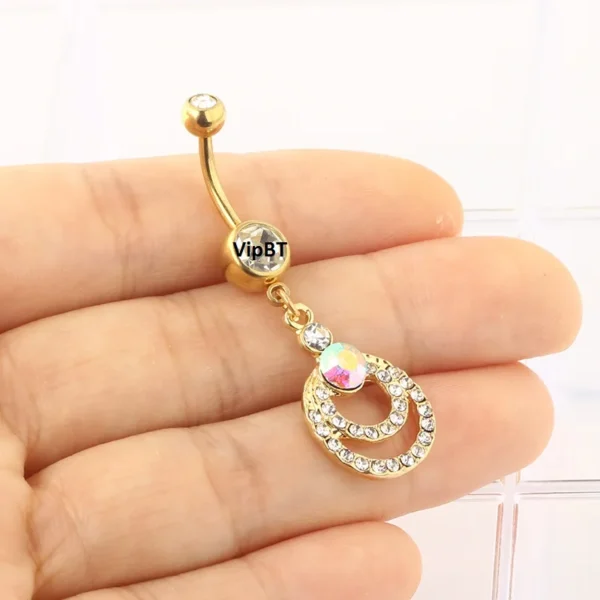 Çift Halka Taşlı Sarkıtlı Çelik Göbek Piercing - Görsel 4