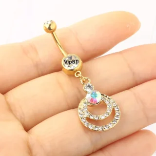 Çift Halka Taşlı Sarkıtlı Çelik Göbek Piercing